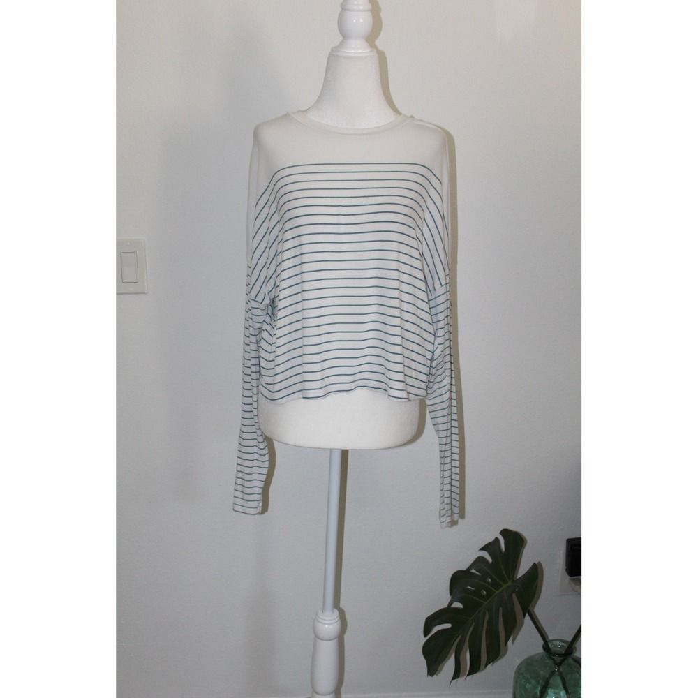 RVCA Selects Womens White Teal Striped Boxy Cropped Long Sleeve Top Size S